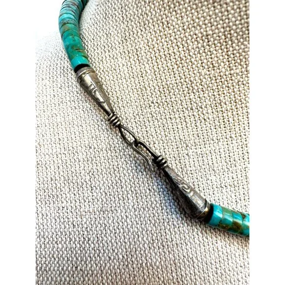 Vintage Native American Kewa Necklace Handmade Heishi Turquoise & Silver Beads - Picture 6 of 13